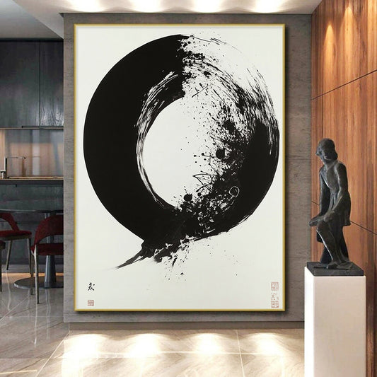 White, Black with Enso - like Circle "Zen Essence" Abstract Painting On Canvas HB020