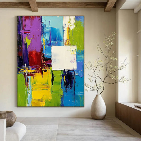 Contemporary hand-painted abstract artwork featuring vibrant green blue purple yellow palette with dynamic shapes and overlapping white squares creating depth and movement. DLZ0773