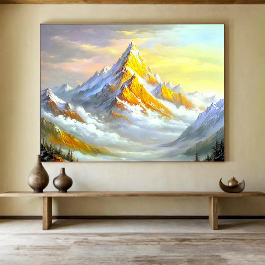 “Sunlit Golden Mountain” - Gold, White, Blue, Colorful Mountain Scene - Oil Painting HB1649