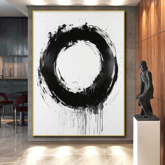 White, Black and Gold Abstract Circle "Refined Enso" Painting On Canvas HB367