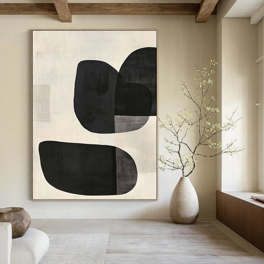 Large contemporary hand-painted abstract artwork features minimalist black and white design with curved oval shapes and textured background in soft tones. DLZ1338