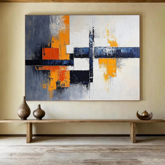 “Vibrant Crossroads” - Orange, Blue, Gray, Geometric Abstract Painting On Canvas HB1040