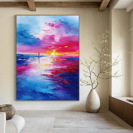 Contemporary hand-painted abstract art featuring a textured landscape of the sky and sea at sunset with vibrant shades of blue purple and red. DLZ0658