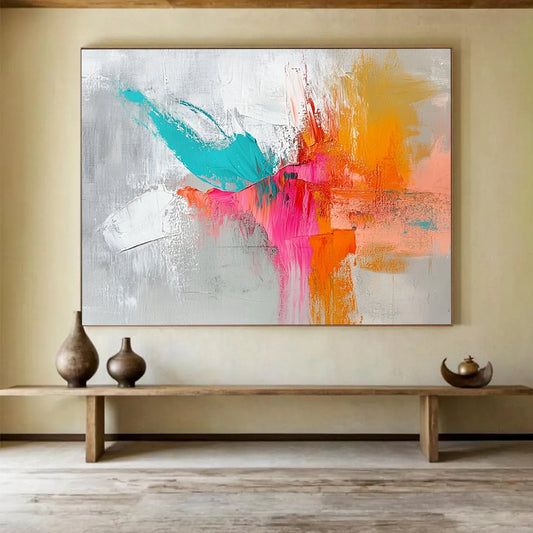 “Vibrant Color Clash” - Gray, teal, pink, orange; Dynamic abstract color strokes; Impasto Acrylic Painting On Canvas HB1206