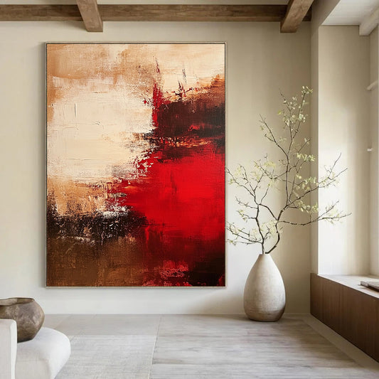 Contemporary hand-painted abstract art featuring rich red beige and brown tones ideal for modern decor. DLZ0764