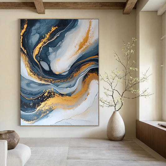 Contemporary hand-painted abstract artwork features dark blue and gold with a crackle effect elegant swirling patterns and glitter accents create depth and beauty. DLZ0329