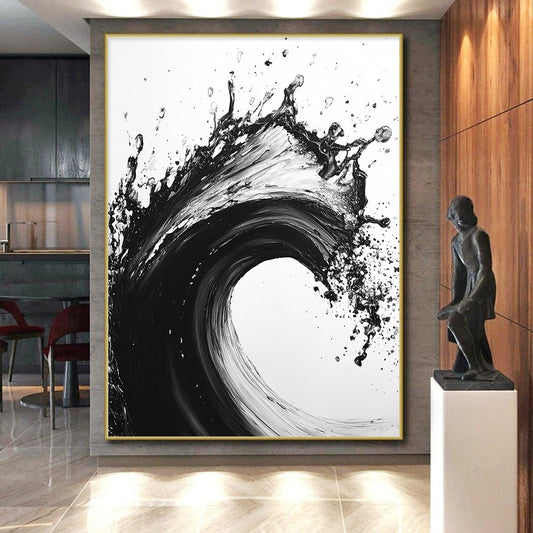 Black and White Explosive Wave "Wild Surge" Painting On Canvas HB286