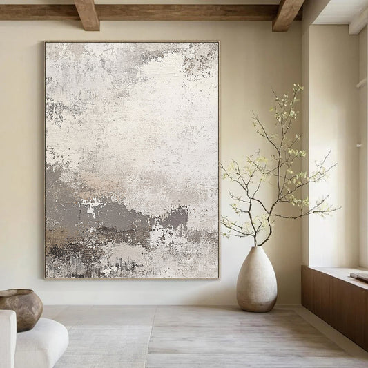 Contemporary hand-painted abstract art featuring a neutral color palette with gray and beige tones designed for versatile wall decor. DLZ0396