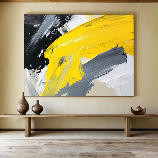 “Yellow - Gray Layered Abstraction” - Yellow, Gray, White, Textured Color Blocks - Acrylic Painting HB1627