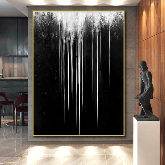 Gray - White Dripping Streaks "Mystic Stream" Painting On Canvas HB308