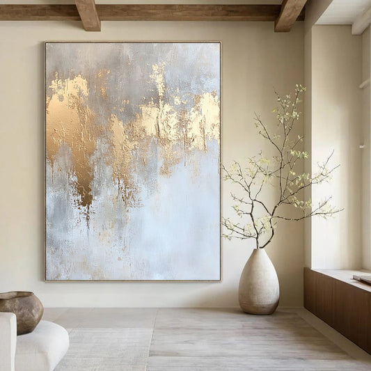 Contemporary hand-painted abstract art featuring textured white and gold accents in soft neutral tones of beige and light gray. DLZ0816