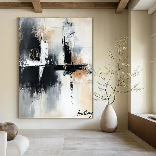 Contemporary abstract art features the word Anthony in white black and grey with bold brush strokes and layered textures creating depth and elegance. DLZ1422