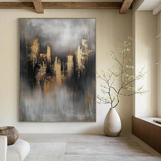 Contemporary abstract art featuring gray and gold skyline elements textured on canvas with a minimalist industrial feel and ambient lighting highlights. DLZ0520
