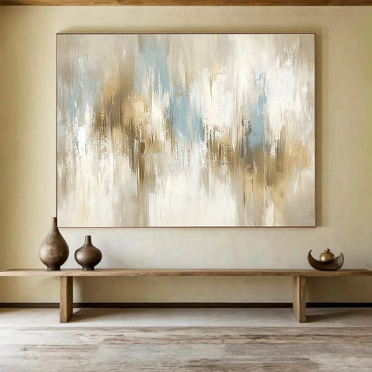 “Soft Neutral Abstract Strokes” - Beige, Gray, Blue, Subtle Abstract Brushstrokes Painting On Canvas HB0967