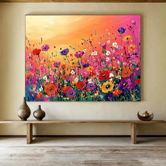 “Vibrant Flower Field” - Colorful, Flowers, Sunset Painting On Canvas HB0747