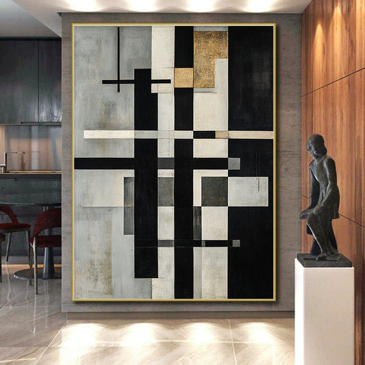 Gray, White, Black, Gold with Intersecting Lines "Structured Harmony" Abstract Painting On Canvas HB012