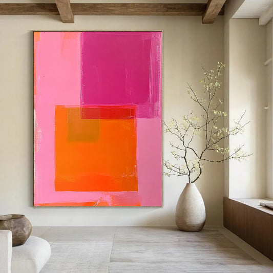 Contemporary hand-painted abstract art featuring bold hot pink and orange colors with large geometric shapes and a minimalist design. DLZ1468