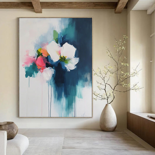 Contemporary abstract art featuring thick brush strokes of dark teal and light pink on a white background, evoking a soft and atmospheric floral theme. DLZ0621