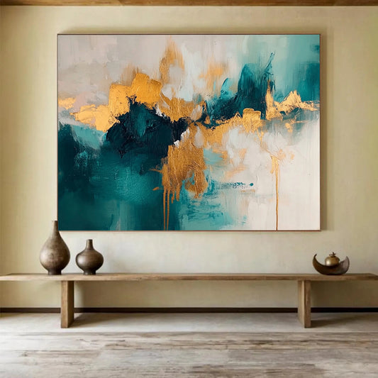 “Colorful Abstract Landscape” - Green, blue, purple, orange, yellow; Colorful abstract landscape with thick brushstrokes; Oil Painting On Canvas HB1285