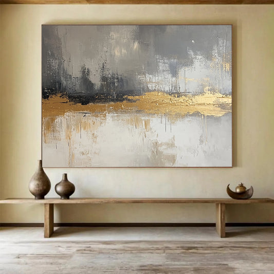 “Gilded Gray Layers” - Gray, Gold, White, Textured Abstract Layers Painting On Canvas HB1053