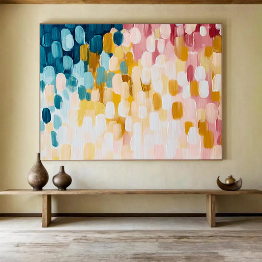 “Pastel Oval Abstract Pattern” - Blue, yellow, pink, white; Abstract oval shapes in pastel colors; Acrylic Painting On Canvas HB1238