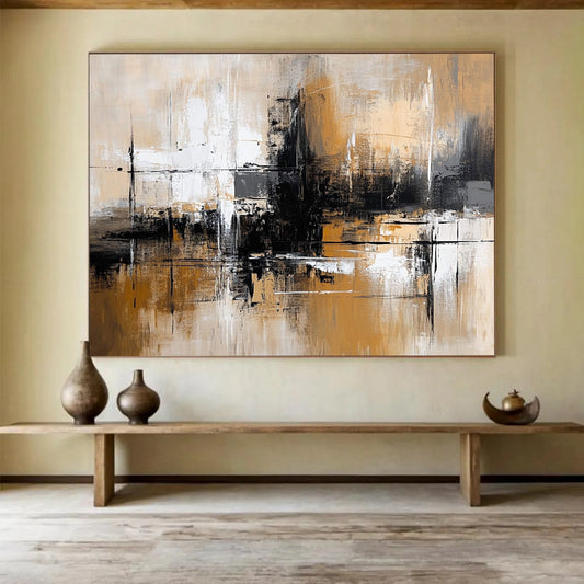 “Brown and Gray Abstract Cityscape” - Brown, gray, white, black; Abstract cityscape with a moody atmosphere; Acrylic Painting On Canvas HB1264