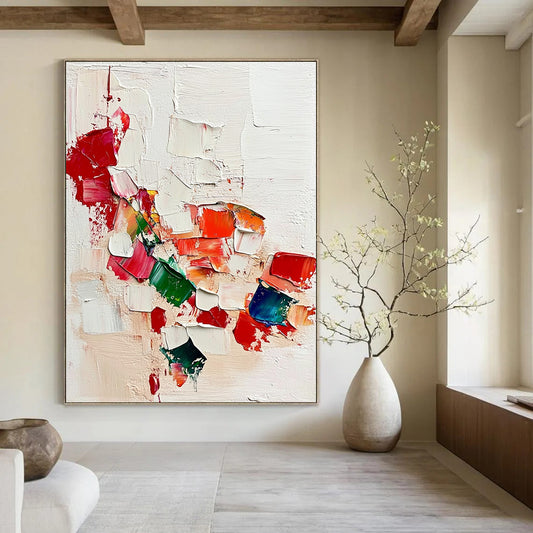 Contemporary hand-painted abstract artwork featuring vibrant reds and greens on a textured white background inspired by Jean-Léon Gérôme. DLZ0574
