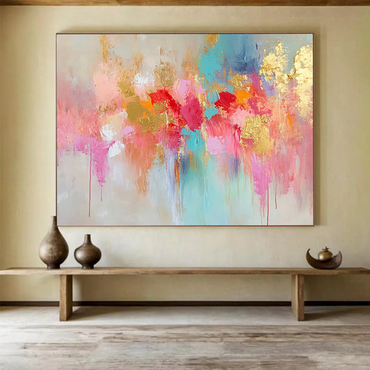 “Pink Gold Blue Abstract Drips” - Pink, gold, blue, beige; Abstract drips with gold highlights HB1290