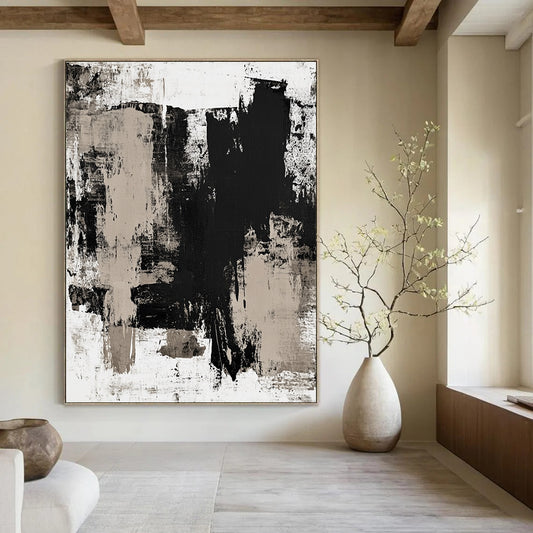 Contemporary hand-painted abstract art featuring beige tones on a white background with dark gray accents, adding elegance to any space. DLZ0294