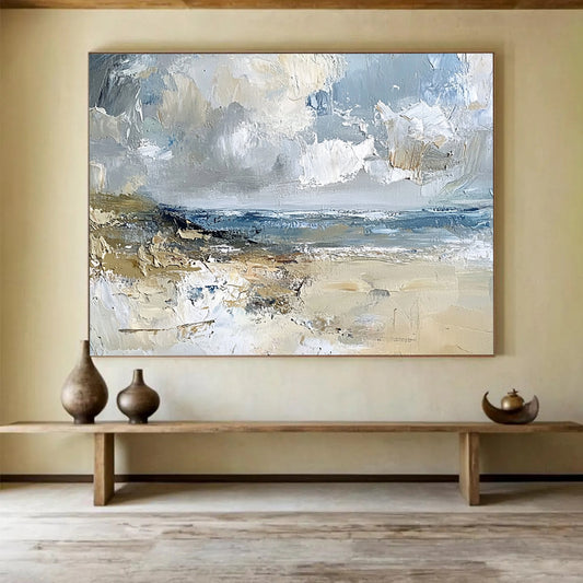 “Impasto Beachscape” - Gray, Blue, Beige, Textured Seaside Scene Painting On Canvas HB1032