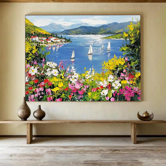“Vibrant Lakeside Village” - Blue, Green, Yellow, Floral Landscape Painting On Canvas HB0686
