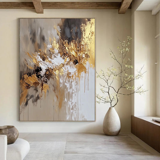 Contemporary hand-painted abstract art featuring beige and white hues with golden accents, perfect for modern aesthetic spaces. DLZ0729