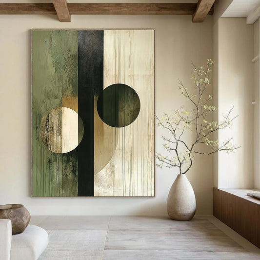 Contemporary abstract artwork featuring circles and lines in beige olive green white and black showcasing deconstructed geometric elements on canvas texture. DLZ0375