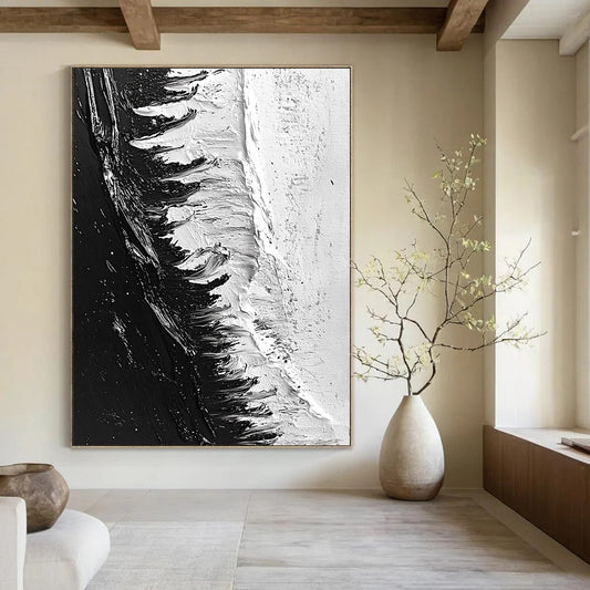 Contemporary abstract painting featuring dynamic black and white ice shelf with heavy brush strokes and a photorealistic oil finish. DLZ0307