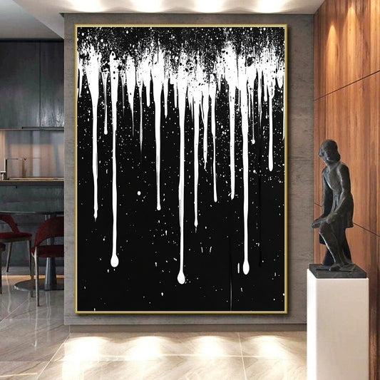 White Dripping Paint on Black "Celestial Drip" Painting On Canvas HB306