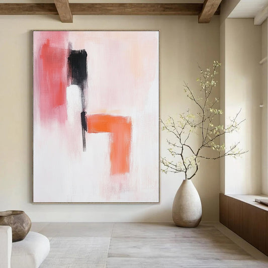 Contemporary abstract painting in soft pink orange and white with a serene figure black shoes and textured elements creating a minimalistic calm composition. DLZ0918