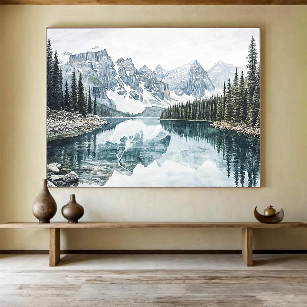 “Realistic Mountain Lake” - Blue, Gray, Mountain, Lake Painting On Canvas HB0763