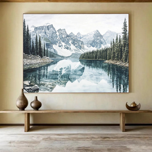“Realistic Mountain Lake” - Blue, Gray, Mountain, Lake Painting On Canvas HB0763