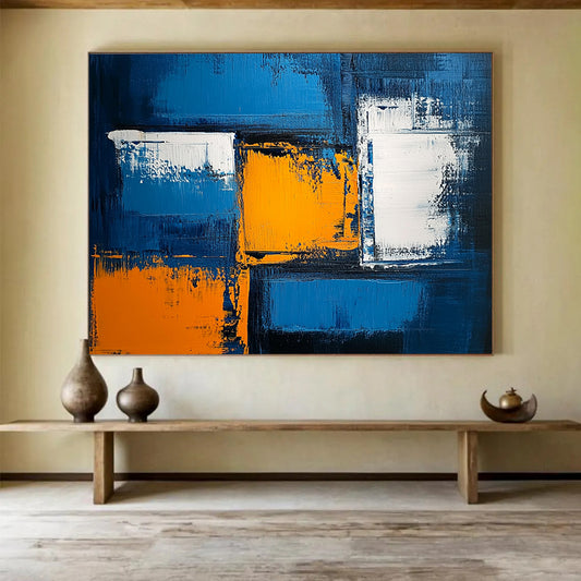 “Vibrant Blue with Orange and White Geometric Accents” - Blue, orange, white; Abstract geometric blocks on a blue background; Acrylic Painting On Canvas HB1230