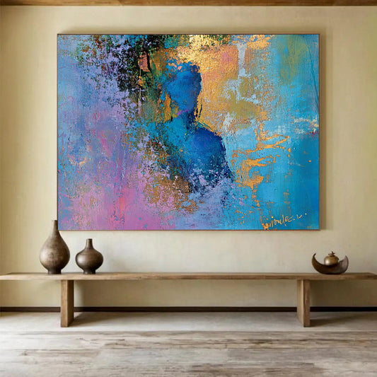 “Ethereal Blue Figure” - Blue, Purple, Gold, Abstract Portrait Painting On Canvas HB0999