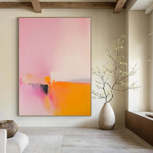 Contemporary abstract painting featuring muted pinks and yellows with soft oranges and minimalism showcasing an abstract dragon head under a vast sky. DLZ1657