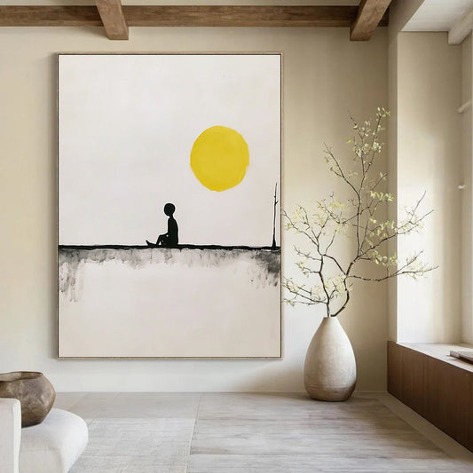 Contemporary hand-painted abstract art featuring a minimalist fisherman on a line under a yellow sun with simple shapes in black and gray tones. DLZ1635