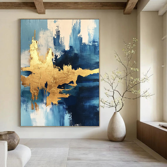 Contemporary abstract painting featuring ocean themes and textured gold foil accents for a luxurious artistic expression. DLZ0343