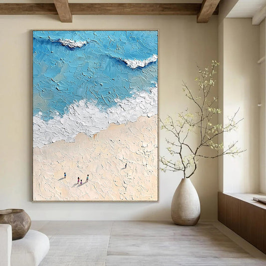 Contemporary hand-painted abstract artwork depicting a sunny beach scene with gentle waves and fine sand in soft tones and bright colors. DLZ1530