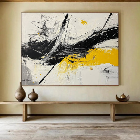 “Dynamic Splashes” - Black, White, Yellow, Abstract Expressionist Painting On Canvas HB1045