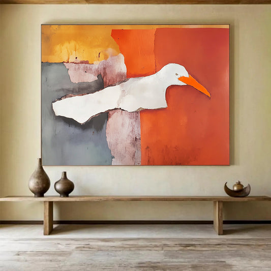 “Collage Bird” - Orange, gray, purple, white; Abstract bird collage; Mixed Media Painting On Canvas HB1209