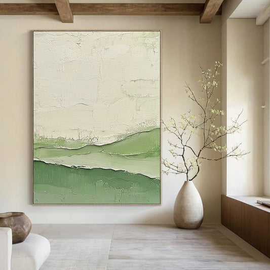 Contemporary abstract artwork featuring impasto technique with calm green and white tones and layered cream swatches evocative of serene water waves. DLZ1350