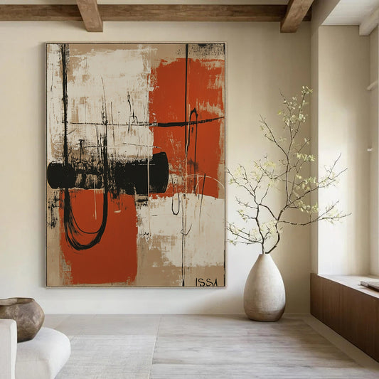 Contemporary abstract artwork featuring orange and white shapes resembling machinery silhouettes against a beige background with dark vignette and textured shading. DLZ1085