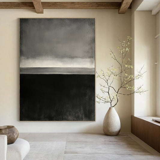 Contemporary hand-painted abstract art features a minimalist ocean scene in dark grey and black, capturing serene depth and simplicity. DLZ1637