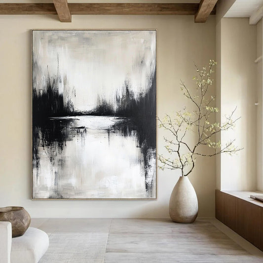 Contemporary hand-painted abstract artwork featuring a moody lake reflection in neutral tones and atmospheric black and white design. DLZ0310